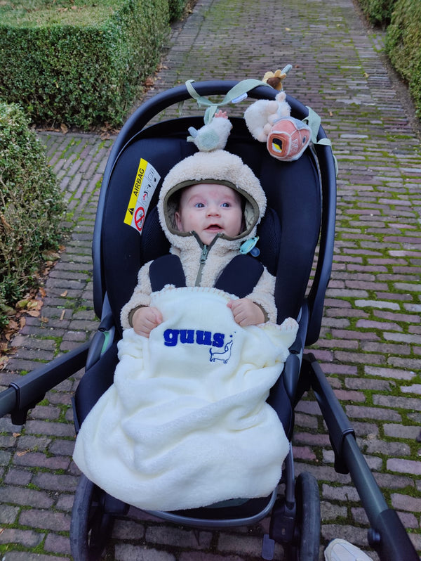 Baby in de kinderwagen onder het dekentje met de naam Guus en een hondje