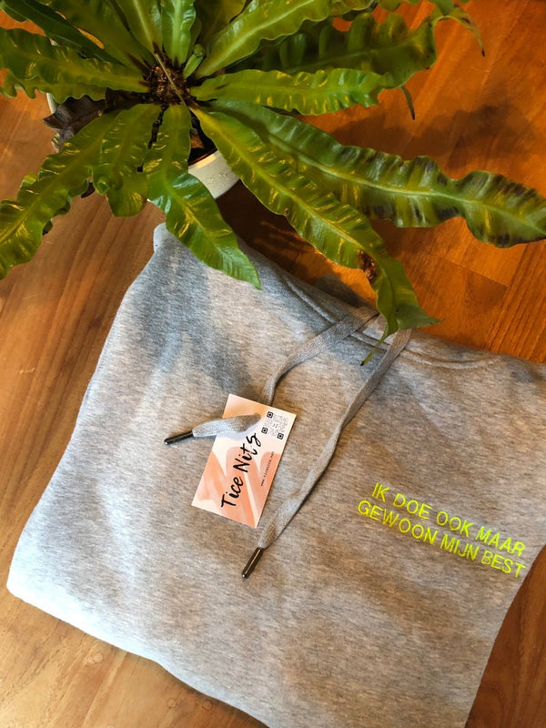 Lichtgrijze hoodie met de tekst Ik doe ook maar gewoon mijn best