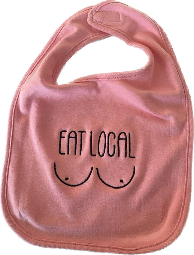 Bavetje van premium kwaliteit in het roze. Geborduurd met eat local. Perfecte cadeau voor baby's. Volledig personaliseerbaar. Snelle levering