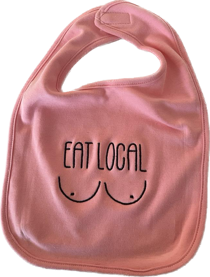 Bavetje van premium kwaliteit in het roze. Geborduurd met eat local. Perfecte cadeau voor baby's. Volledig personaliseerbaar. Snelle levering