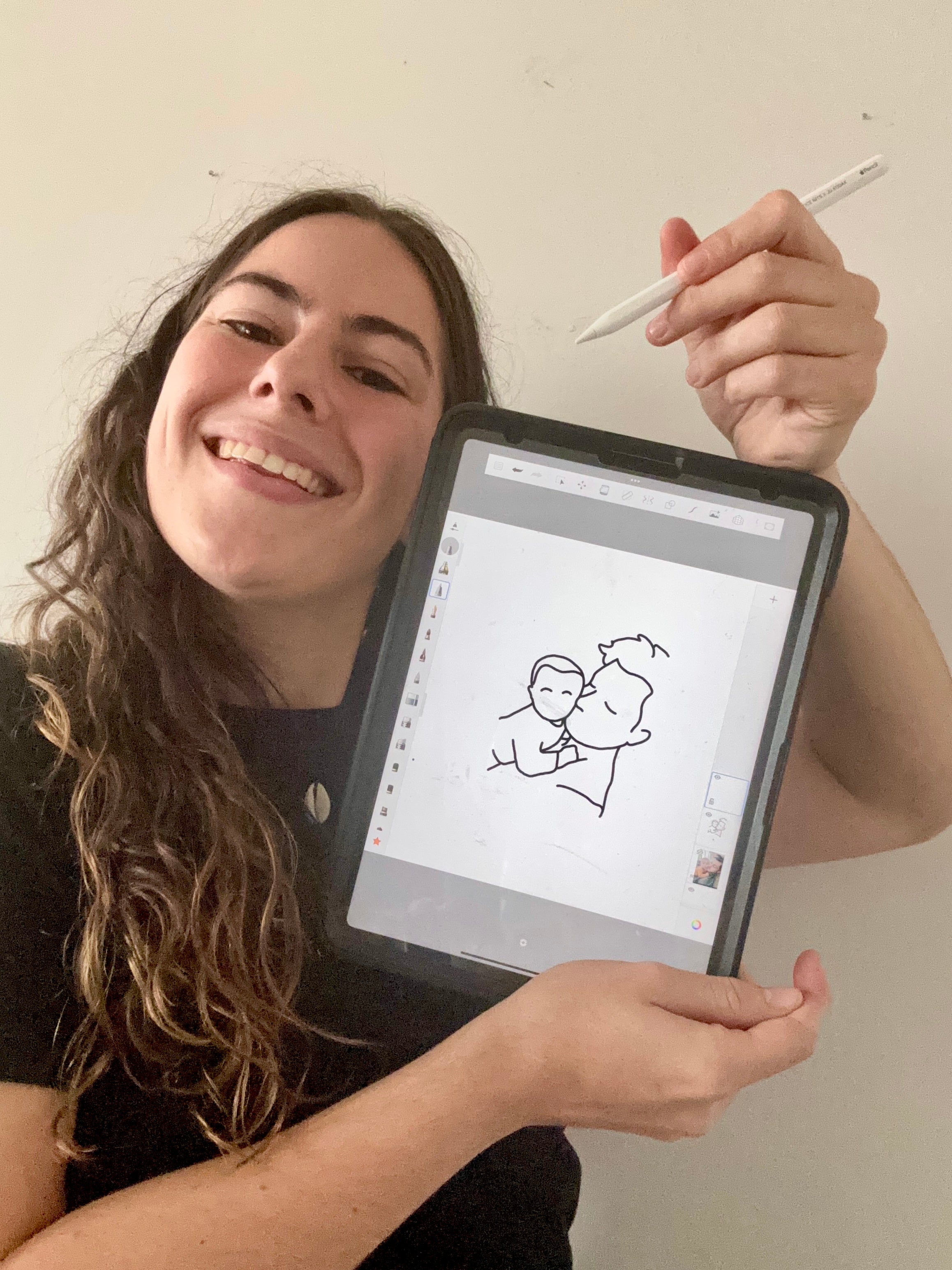 Louise tekent een lijntekening van een foto om daarna te borduren op een trui