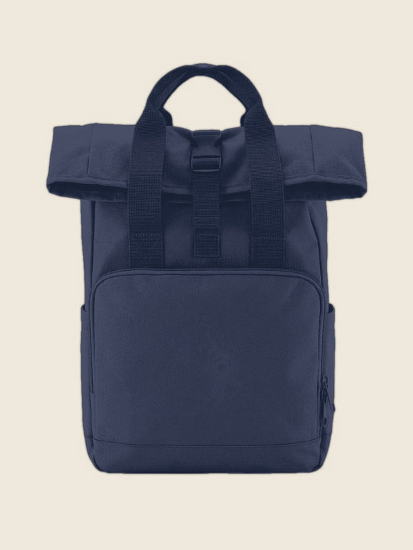 Rolltop rugzak in de kleur Navy, nog zonder borduring